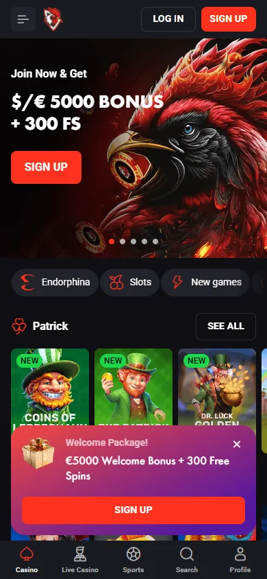Rooster Bet Casino mobile home experience