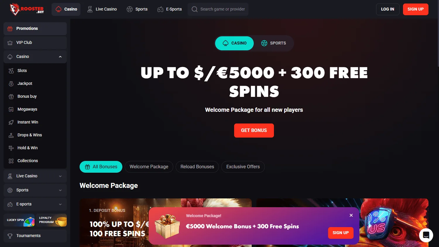 Rooster Bet Casino desktop promotions area with bonus offers