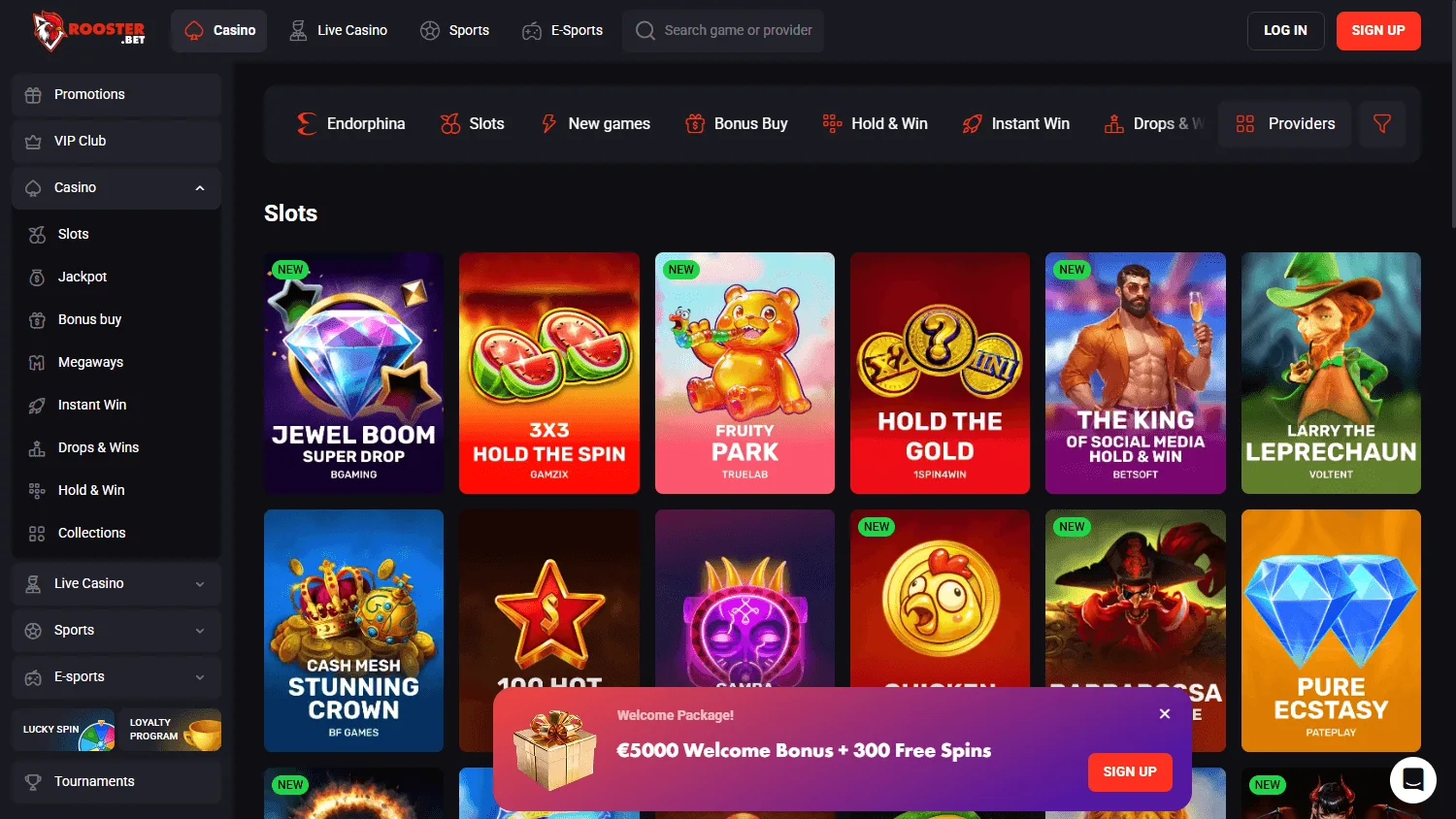 Rooster Bet Casino desktop games area with casino titles