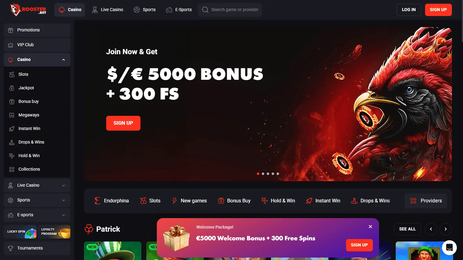 Rooster Bet Casino desktop home with casino and sportsbook access