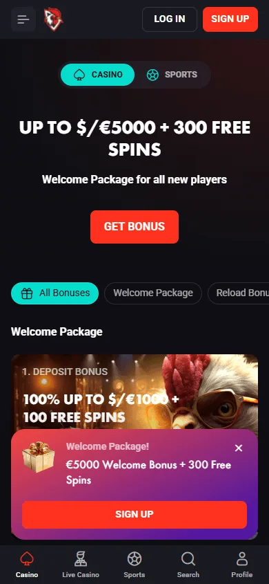 Rooster Bet Casino mobile promotions area